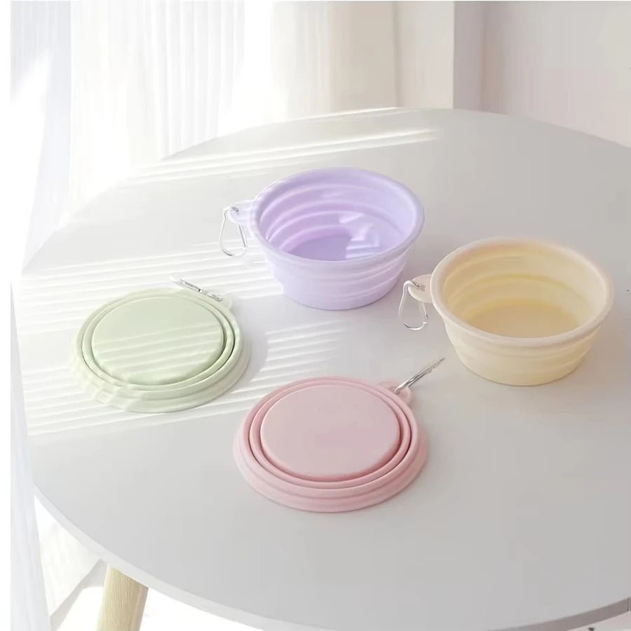 Hanging Dog Pet Folding Silicone Bowl 350ml Outdoor Travel Portable Food Water Container Feeding Tray Bowl Macaron Color Supplie